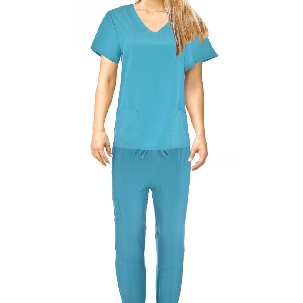 JEFFRICO Scrubs For Women Scrub Set V-Neck Scrub Top and Jogger Scrub Pants